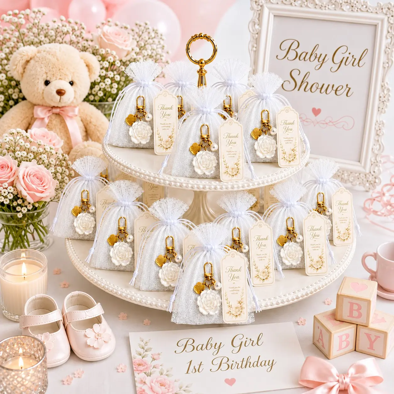 10/20 sets Baby Shower Favors, White Flower Pearl Keychain Gift Set with White Organza Bags and Thank You Cards, Baby Girl Shower, Baptism, 1st Birthday, Gender Reveal Party Guest Favors