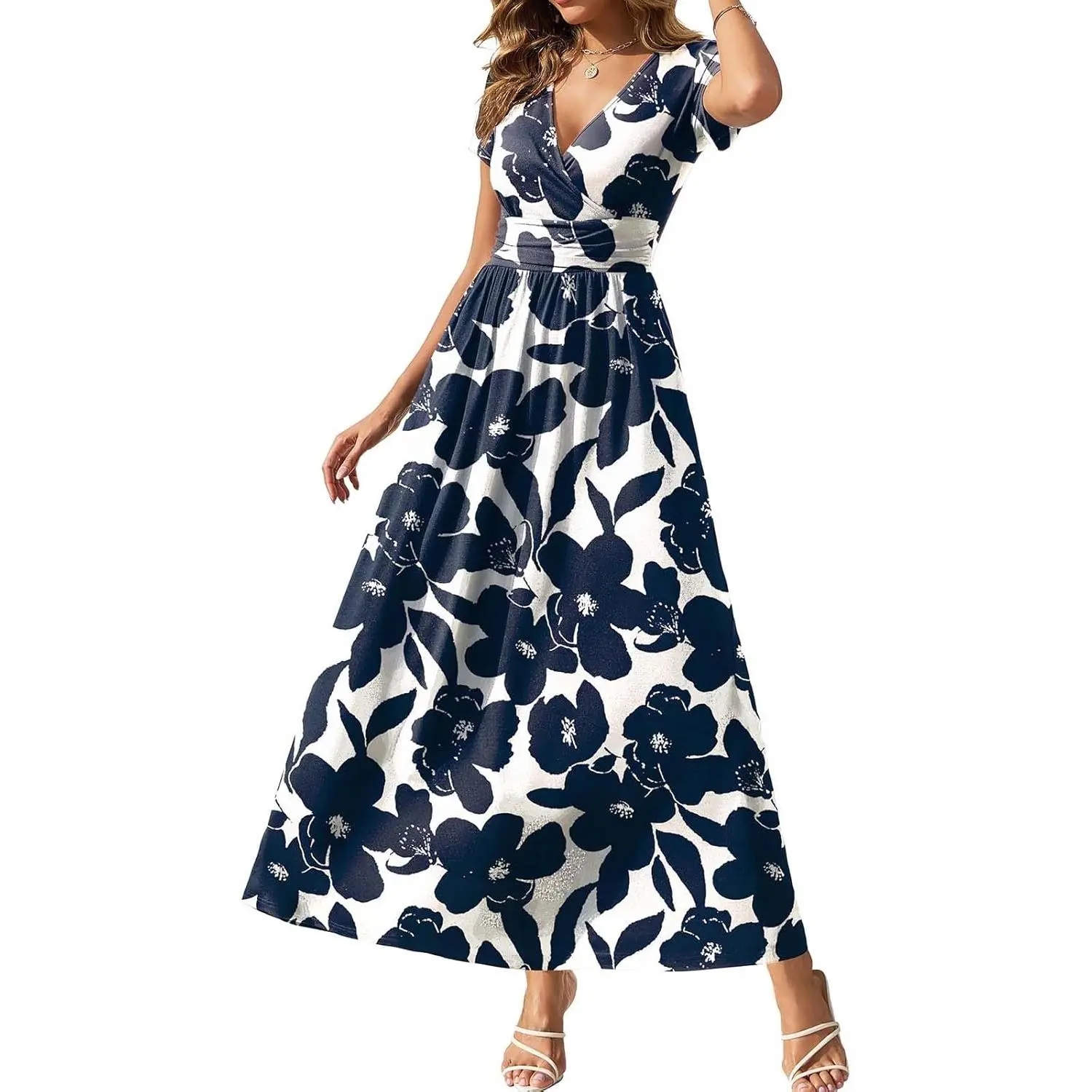 Women's 2026 Summer Casual V-Neck Short-Sleeve Flowy Maxi Dress with Pockets, Outfits for Casual Wear, Light Wrap Bag-Included Set, Modest, Print, Lady, Stretchy, Comfortable, Elegant, Fabric, Floral, Breathable, Women's Clothes