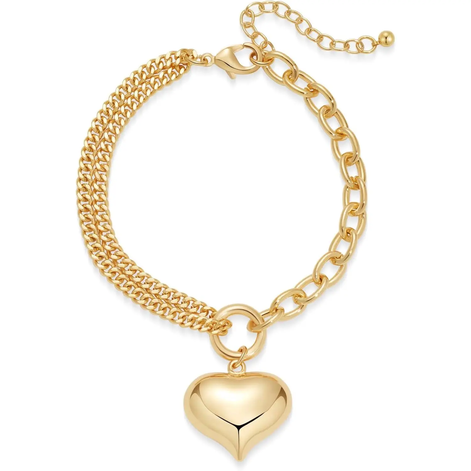 Heart Charm Chain Bracelet for Women, Chunky Link Bracelet Adjustable Fashion