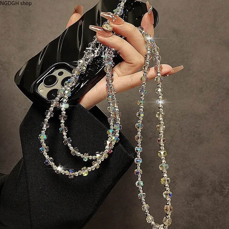 Phone Lanyard - Adjustable Crystal Beaded Phone Strap Iridescent Rhinestone Wrist Crossbody Neck Chain Sparkly Silver Universal Phone Accessory Daily Glam