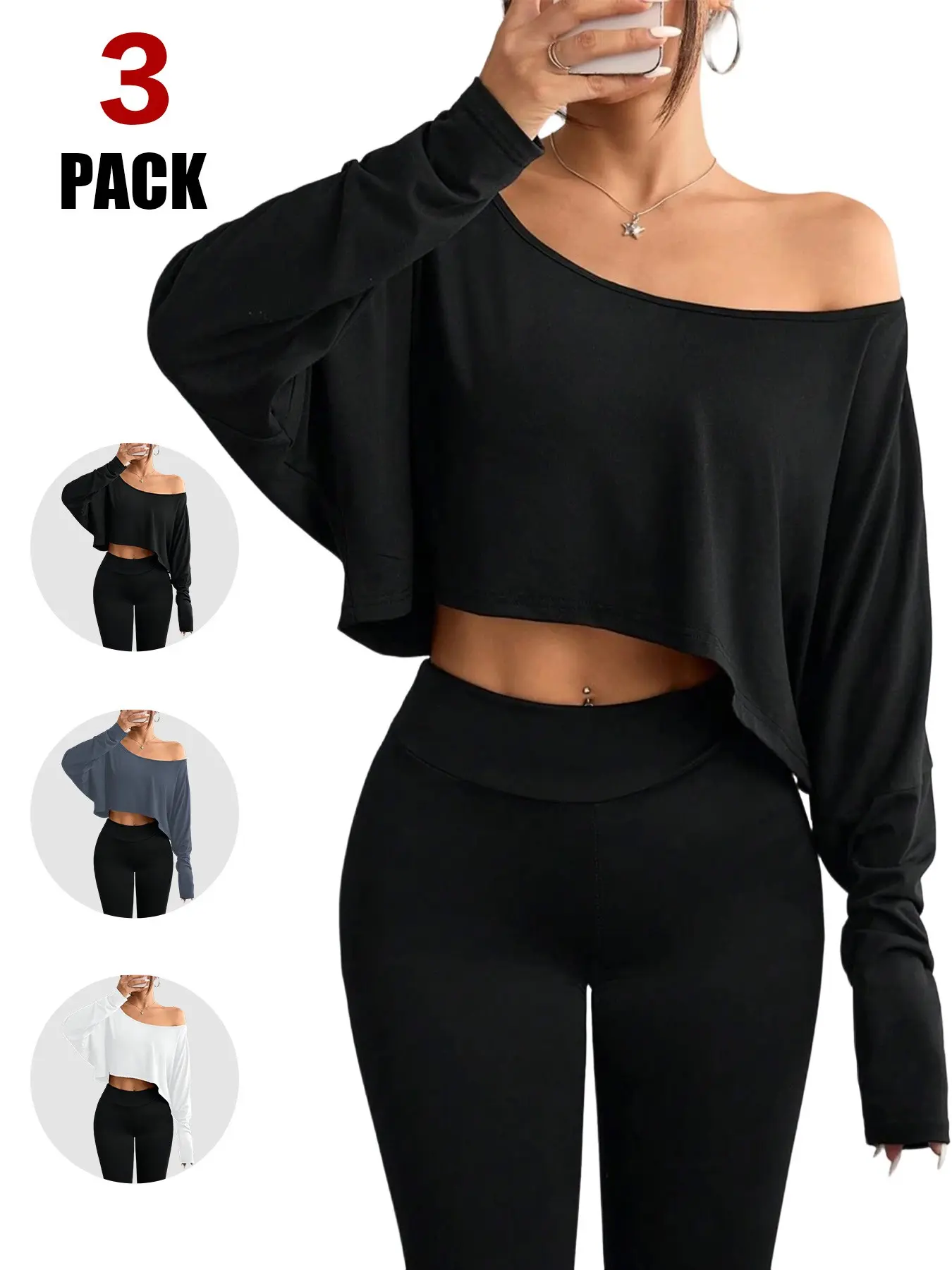 Women's off Shoulder Long Sleeve Crop Top & High Waist Leggings Set, Basic Casual Fitted T-Shirt, Stretch Pants, Fall Fashion, Clothes