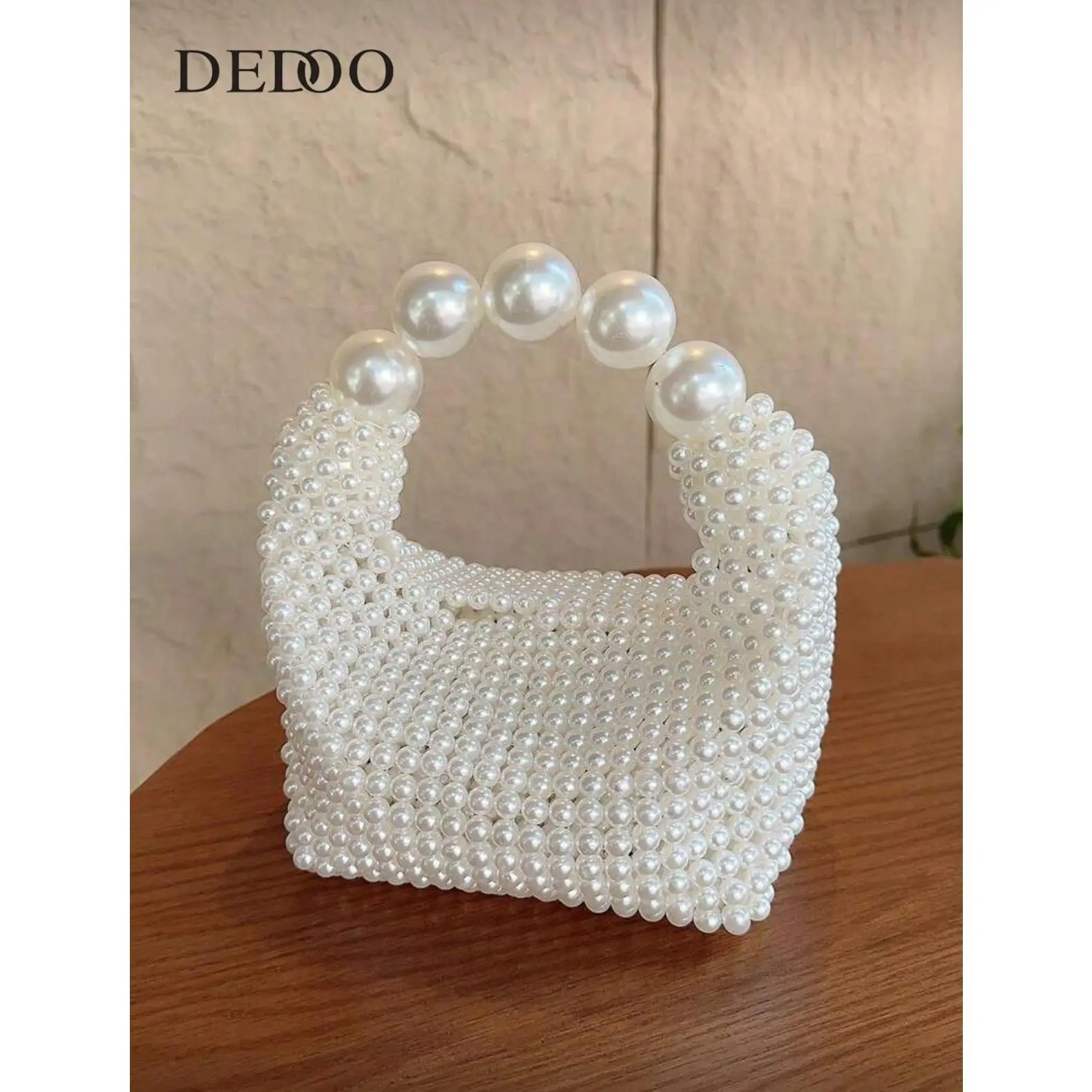 Gorgeous All-over White Pearl Beaded Handheld Evening Bag, Mini Woven Cocktail Party Clutch, Elegant Wedding Clutch, White Woven Purse, Big Chunky Pearl Ring Top Handle Mini Bead Tote Purse, Elegant Pearl Handbag for Bridal Wedding Dinner Party Night Out