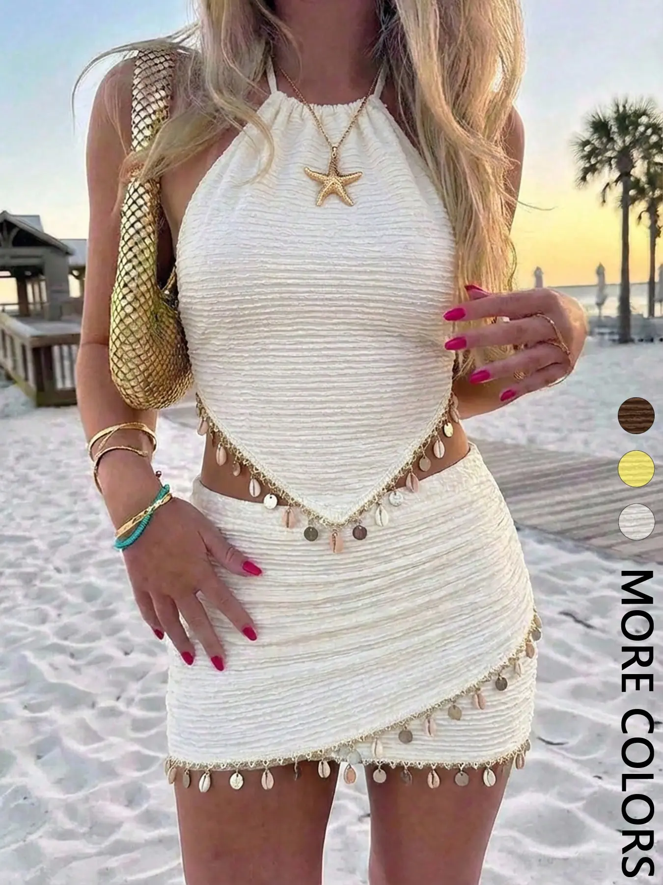 Women's Summer Beach Set, Textured Sleeveless Halter Top with Ruched Mini Skirt, Stylish Chic 2-Piece Beachwear Outfit, Perfect for Warm Weather