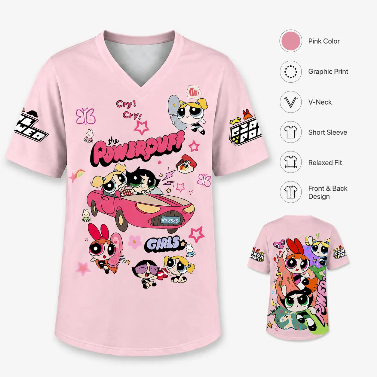 Powerpuff Girls Pink V-Neck Graphic Shirt, Blossom Bubbles Buttercup Front and Back Print Short Sleeve Relaxed Fit Y2K Cartoon Streetwear Top