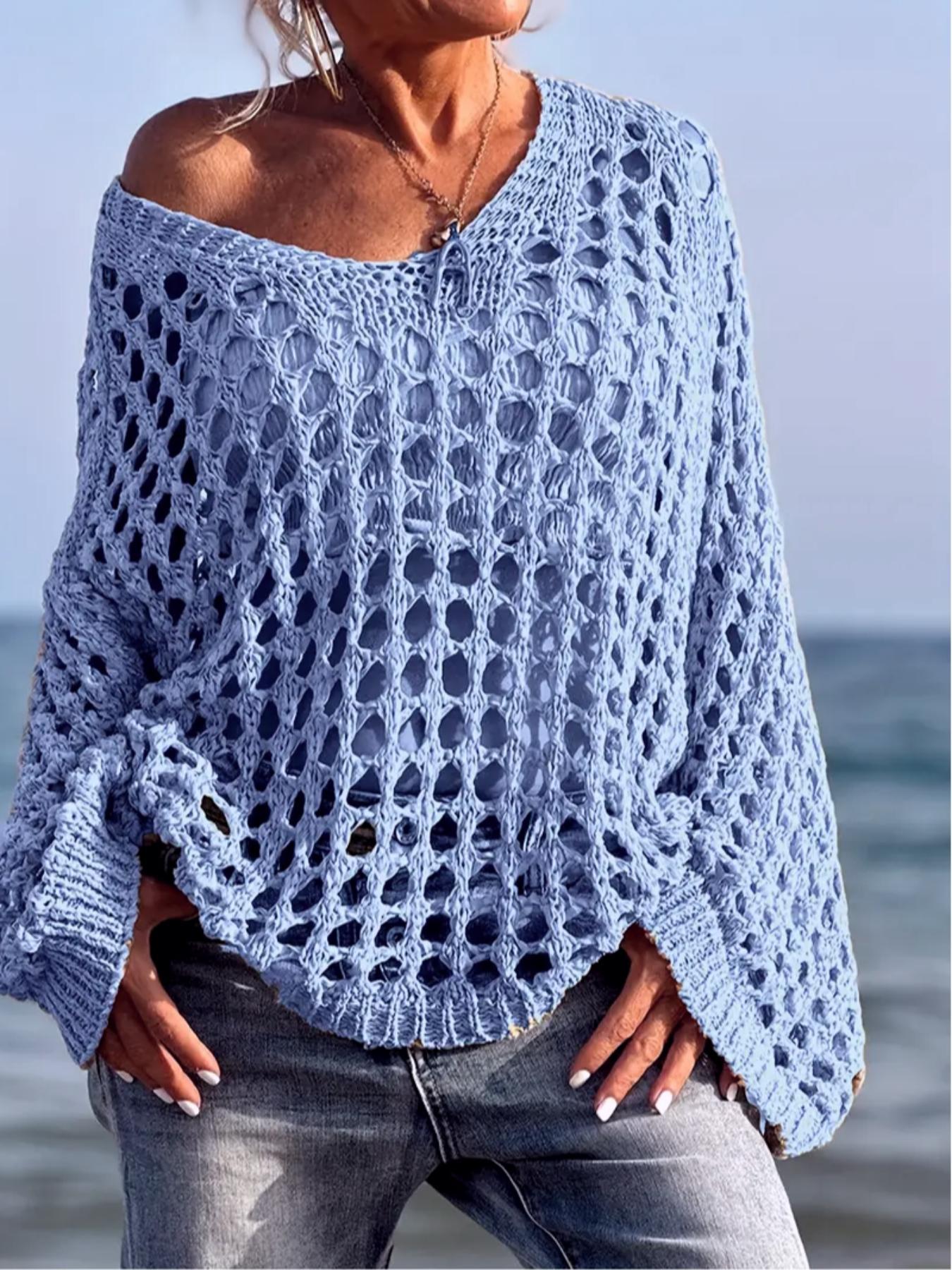 Women's Casual Everyday Loose-Fit V Neck Top, Hollow Out Design, Polyester Knit Fabric, Hand Washable, All Season Wear, Knitwear, Summer