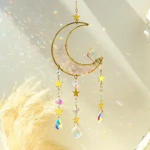OUTGOODS Minimalist Gold Wire-Wrapped Natural Crushed Crystal Crescent Moon Suncatcher with Star, Colorful Rainbow Maker Window Hanging Ornament with Hook for Nursery Home Wall Decor