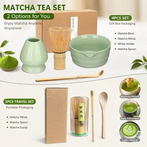 Ceramic Matcha Tool Set, Four-Piece Kit Includes Tea Chasen Stand, Matcha Bowl, Tea Scoop, Chashaku; Three-Piece Set Includes Chasen Stand + Scoop + Spoon