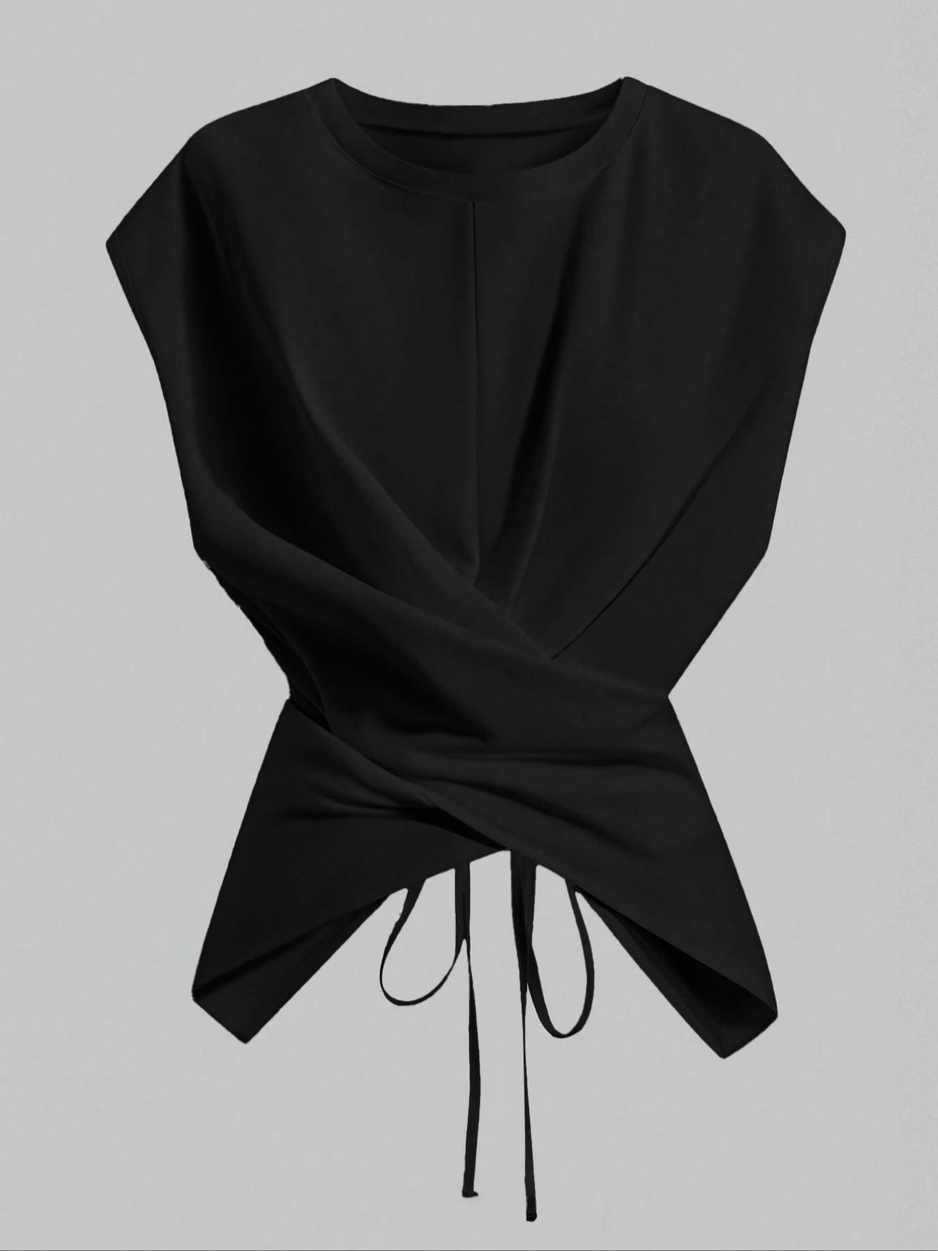 Women's Knitted Round Neck Drop Shoulder Sleeve T-Shirt, Fashion Casual Asymmetrical Criss Cross Back Tie Top, Spring & Fall Wear