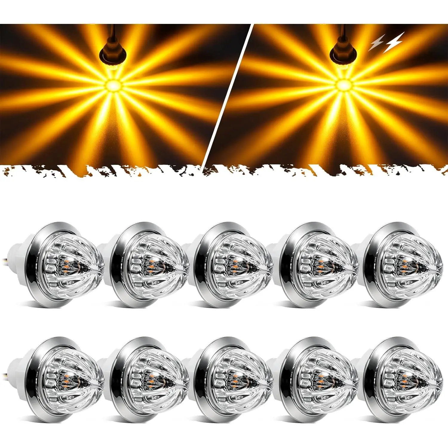 10Pcs Mini Watermelon Lights, 3/4 Inch Strobe & Constant Dual Function Amber LED Watermelon Lights, Clear Lens Side Clearance Tail Grille Flash Lights for 12V Trailer Truck RV