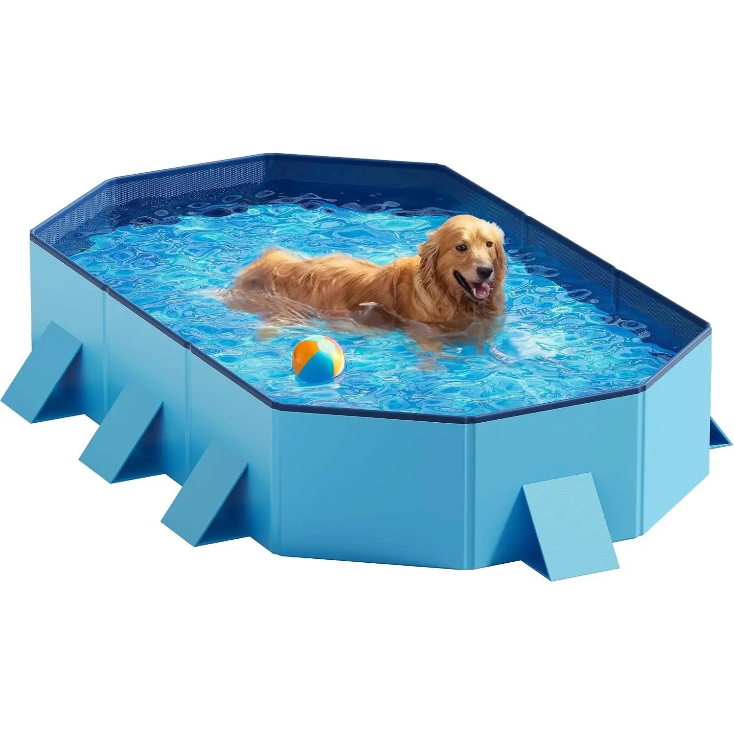 Octagonal Collapsible Dog Pool - Extra Large 71x39x12 in Hard Plastic Portable Pet Bath Tub with Non-Slip, Reinforced Stability, for Indoor, Backyard Use (Blue, Gift)