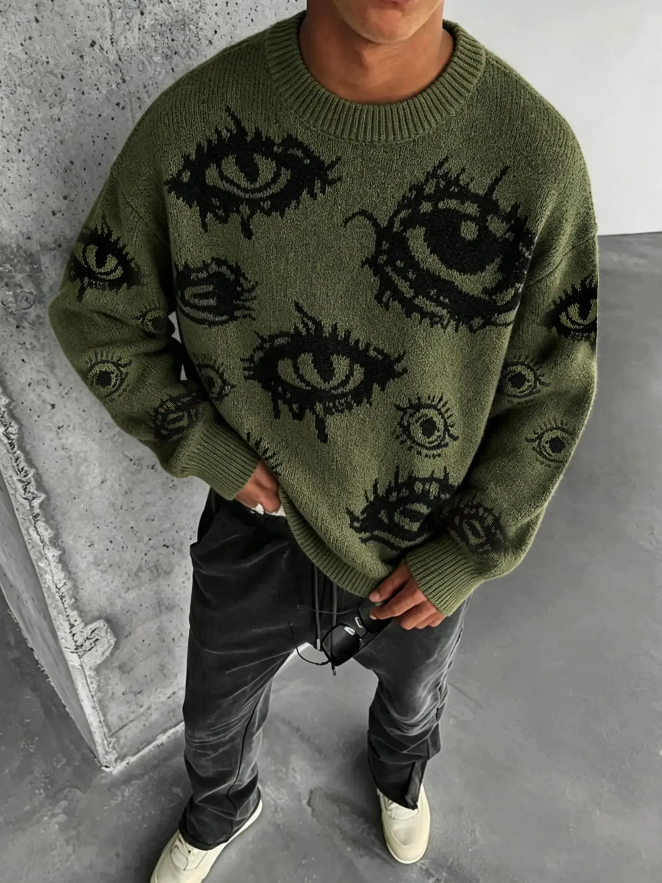 Men's Retro Fashion Eye Pattern Knit Sweater, Casual Warm Micro-Elastic Round Neck Pullover, Trendy Daily Fall Winter Wear