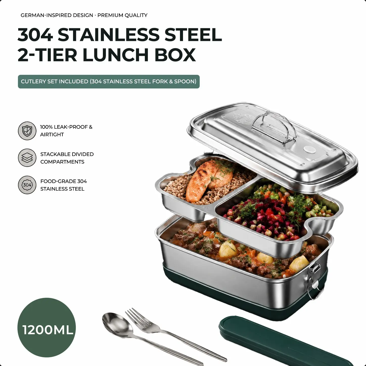 Food Grade 304 Stainless Steel Double Layer Bento Box Set, Includes Fork Spoon, Portable, Dustproof, Leak-Proof, Durable, Ideal for Work School Travel