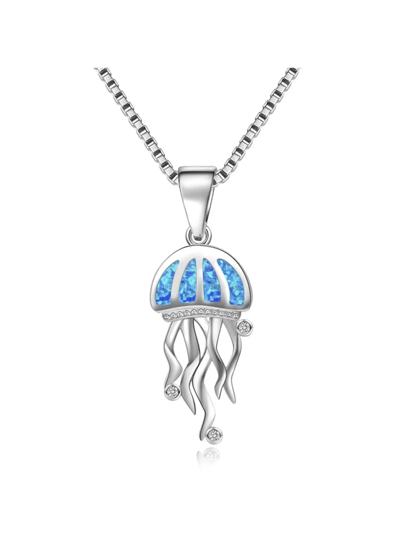 Blue Opal Jellyfish Necklace,Sparkling Cubic Zirconia Accent Silver Pendant,Dainty Ocean Theme Jewelry Gift for Women and Teens
