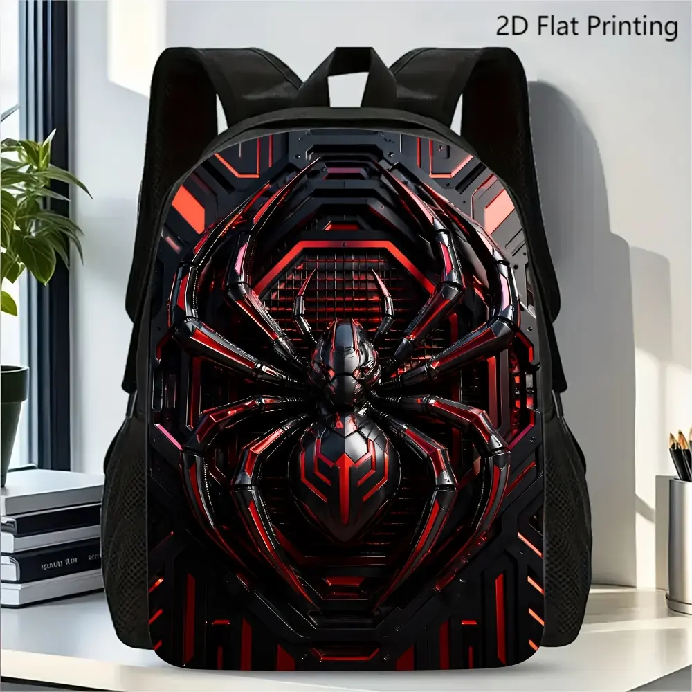 (Printed Design Not Textured) 1pc Printed Backpack Cool Black Red Mechanical Spider Pattern Trendy Casual Backpack for Young Men Daily Outdoor Travel Use