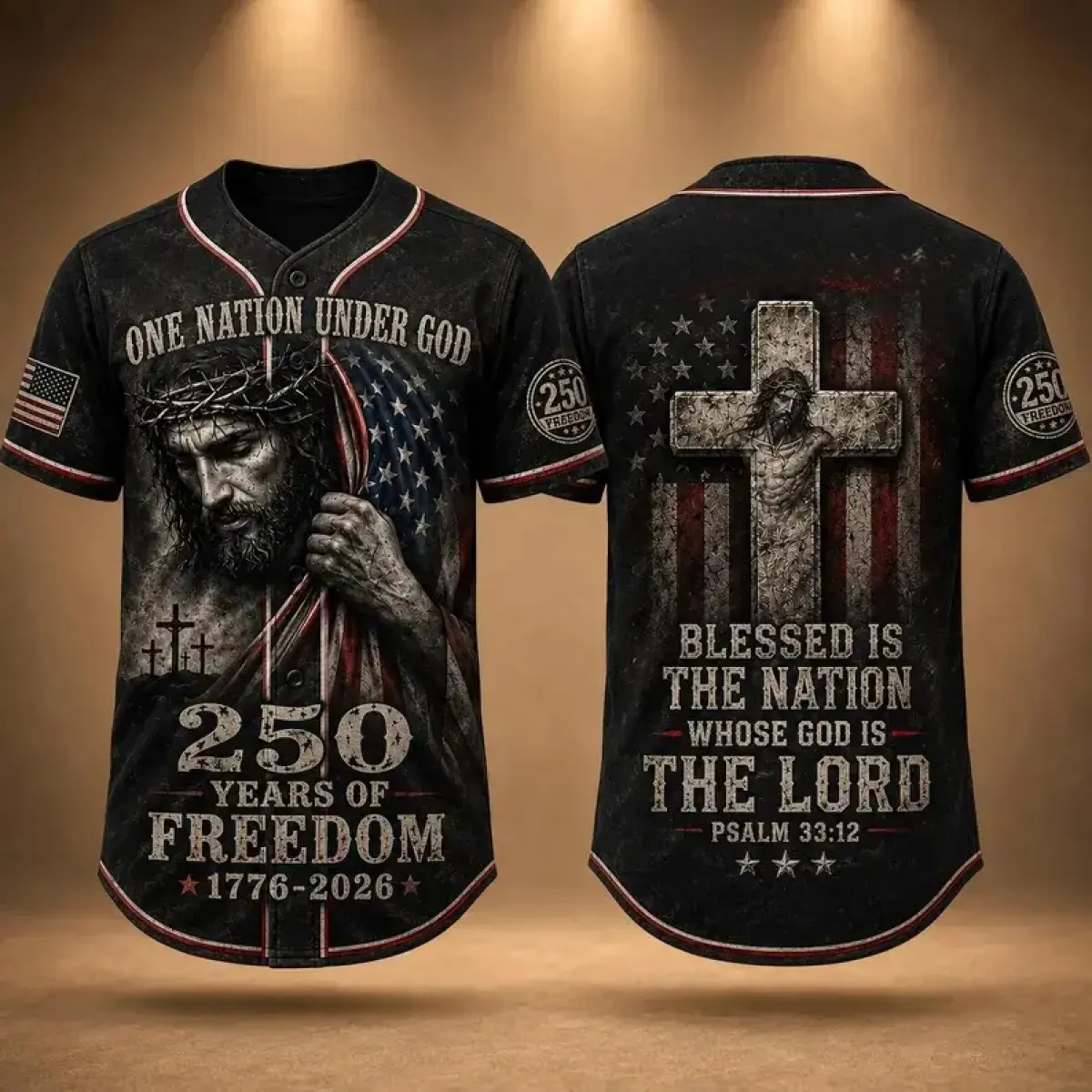 Modern Baseball Jersey Shirt, Patriotic Faith Design, Jesus Cross-Vintage US Flag Print, 1776-2026 Freedom Themed Casual Sporty Top, Athletic Jersey Baseball Sportswear Clothing, Holiday Gift, Loose Hem Adds Relaxed Coverage, Vintage Us Vibe, Commemorativ