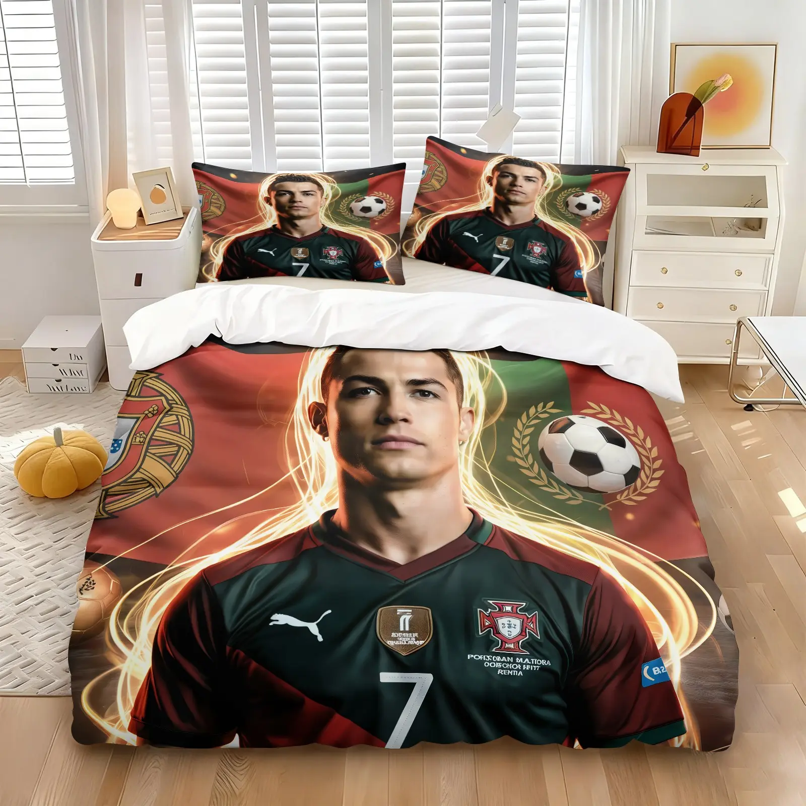 Glory Passionate Soccer Star CR7 Portugal Duvet Cover Set (Includes 1 Duvet Cover + 1/2 Pillowcases), Ultra-Fine Fiber Soft Breathable Comfy Bed Linens, Football Enthusiast Bedroom Decor, HD Digital Print All Seasons Bedding
