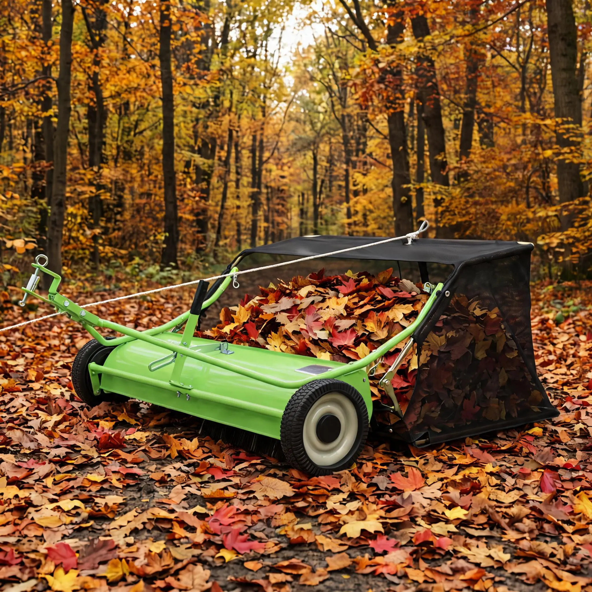 48" Tow-Behind Lawn Sweeper for Riding Mower & Tractor – 16 cu.ft. High-Capacity Leaf & Debris Collector with Tall grass catcher, Heavy-Duty Steel Frame – Body Black + Adjustment Rod Black, Includes Gloves & Black Storage Bag