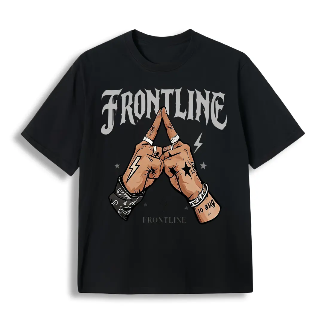 FRONTLINE Tattoo Hands Lightning Graphic T-Shirt Gothic Streetwear Hip Hop Oversized Black Tee Unisex