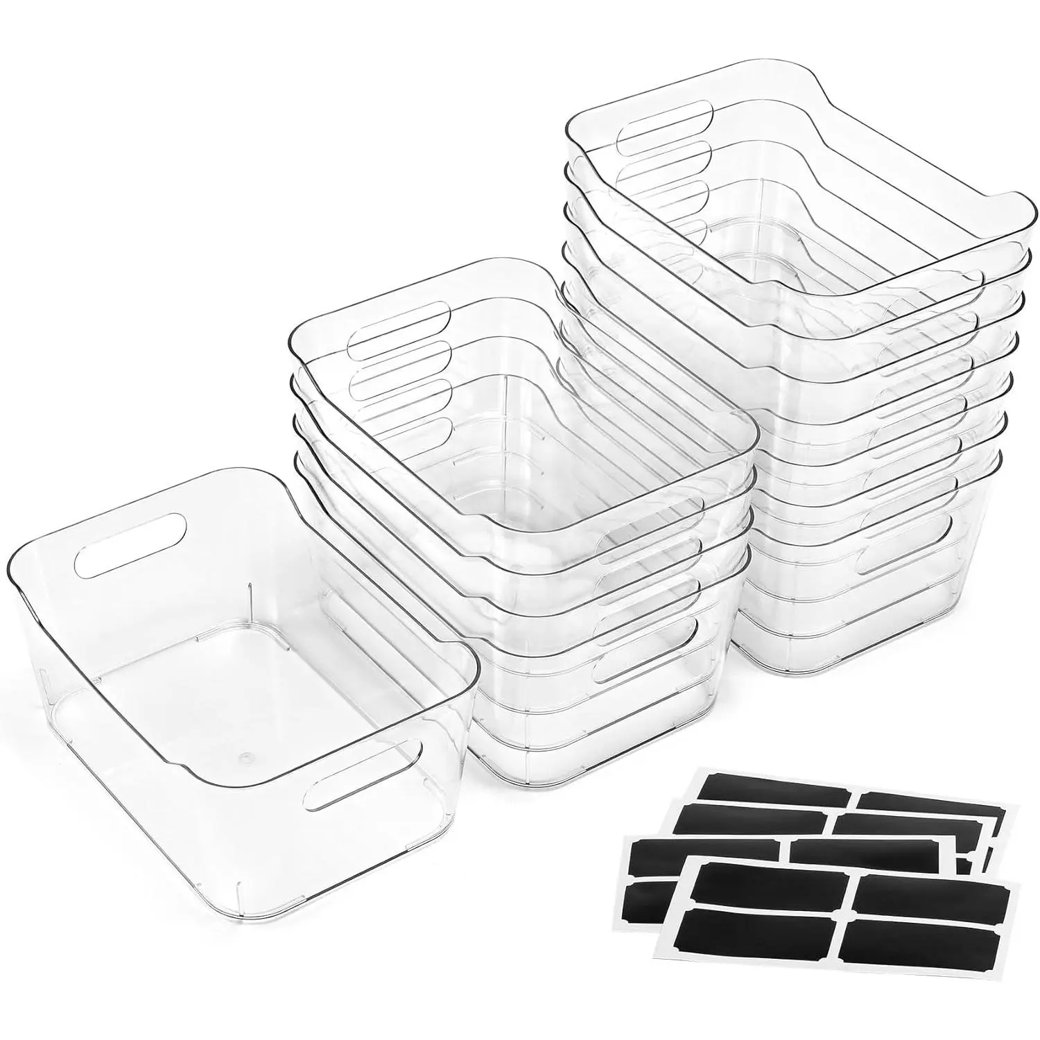 12 PACK Multiuse Clear Plastic Storage Bins for Organizing w/ Labels - Home, Kitchen, Bathroom, Office, Pantry Cabinet Shelf Organizer Bins - RV, Fridge Organization Containers