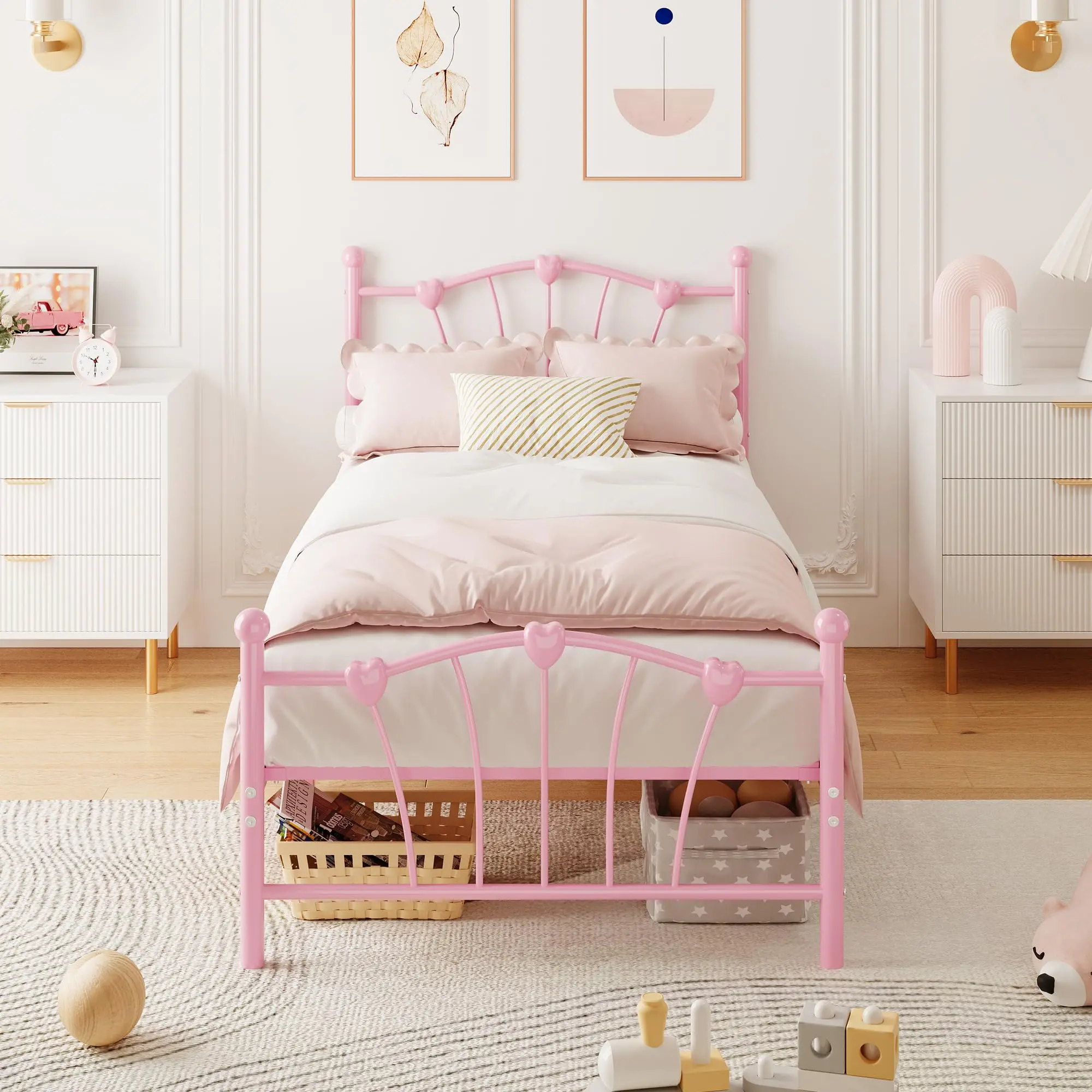 Twin Size Heart Shaped Metal Bed Frame with Headboard and Footboard, Platform Design Featuring Sturdy Slat Support, Underbed Storage Space, No Box Spring Needed, Available in Pink and White Colors