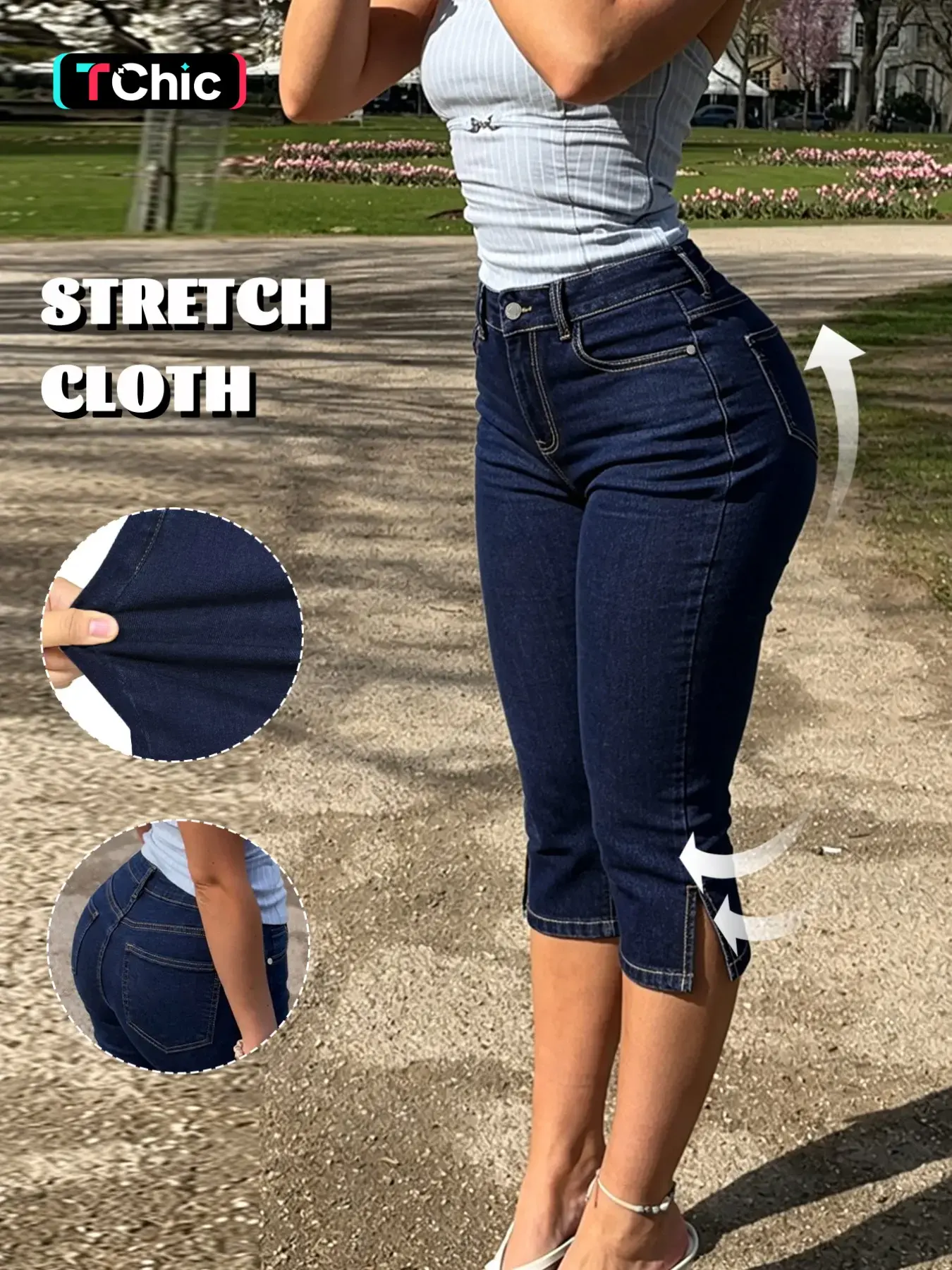GILIPUR Women's Dark Blue Washed Mid Waist Butt Lifting Capri Jeans, Medium Stretch Slim Fit Side Slit Hem Skinny Denim Capris with Pockets, Casual Streetwear Summer Daily Vacation Date Outfits for Women TChic Pants