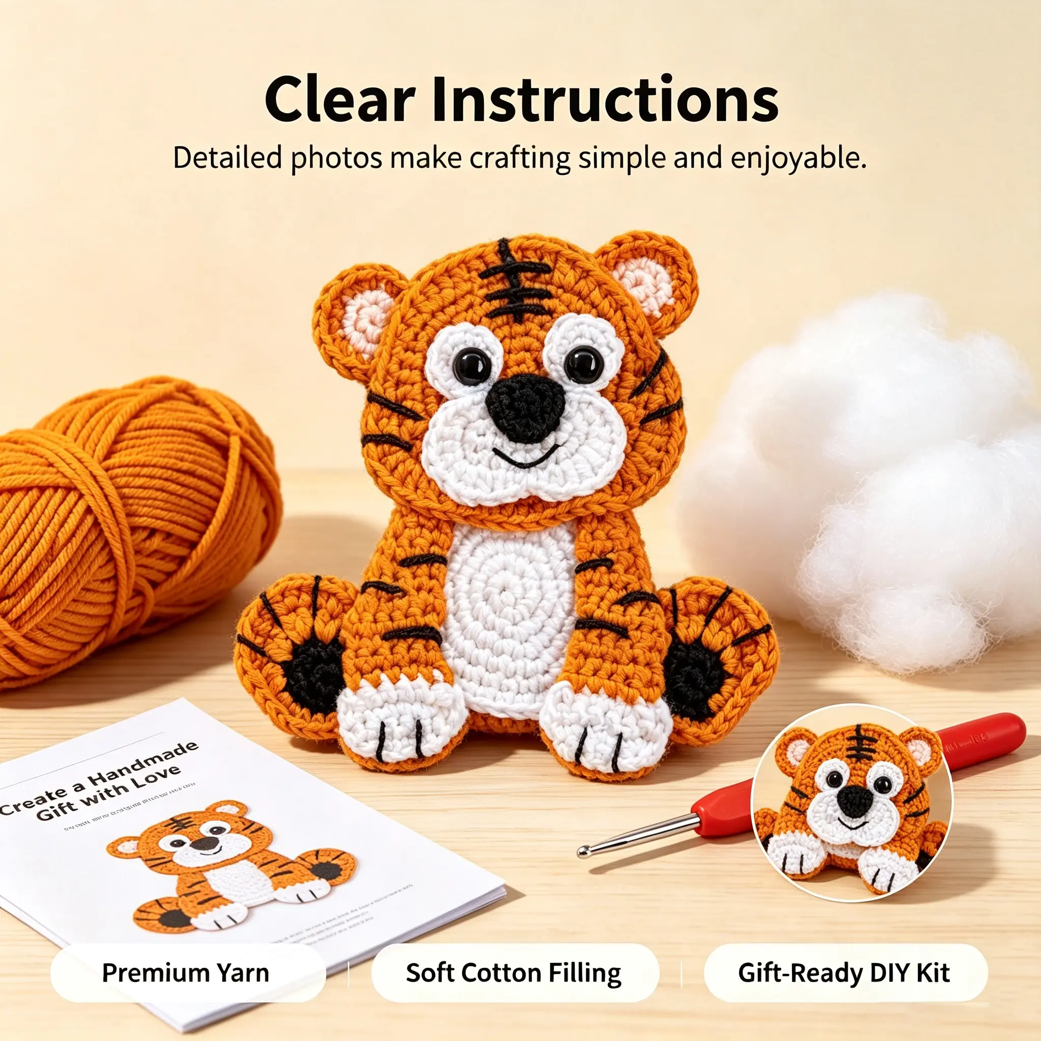 Tiger Applique Crochet Kit for Beginners, Adult Crochet Set with Pdf Tutorial, DIY Crafting Supplies, Perfect Gift for Holidays