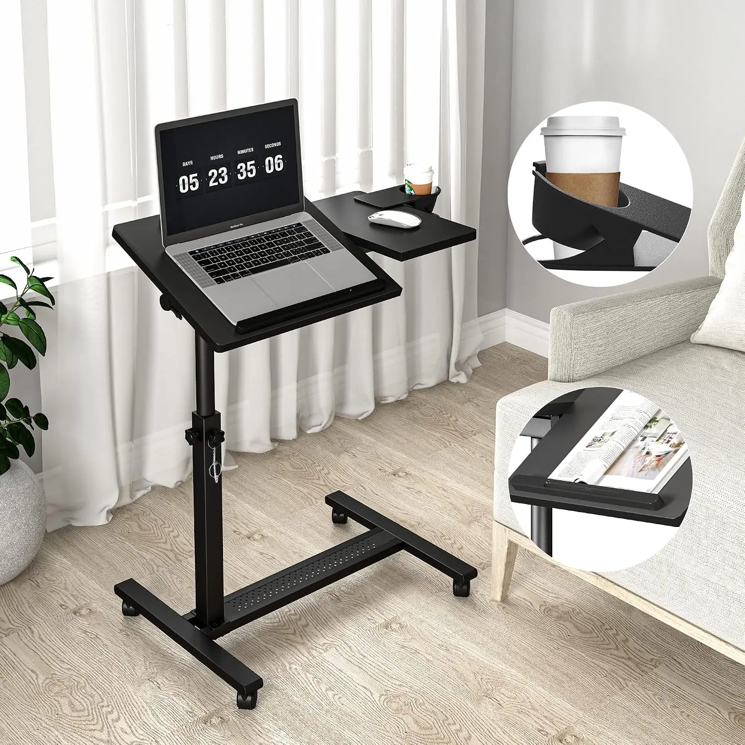 Height Adjustable Rolling Laptop Stand, Overbed Table with 2 Tilting Desktops, Mobile Laptop Table for Couch with Cup Holder, Mobile  Workstation for Office,  and