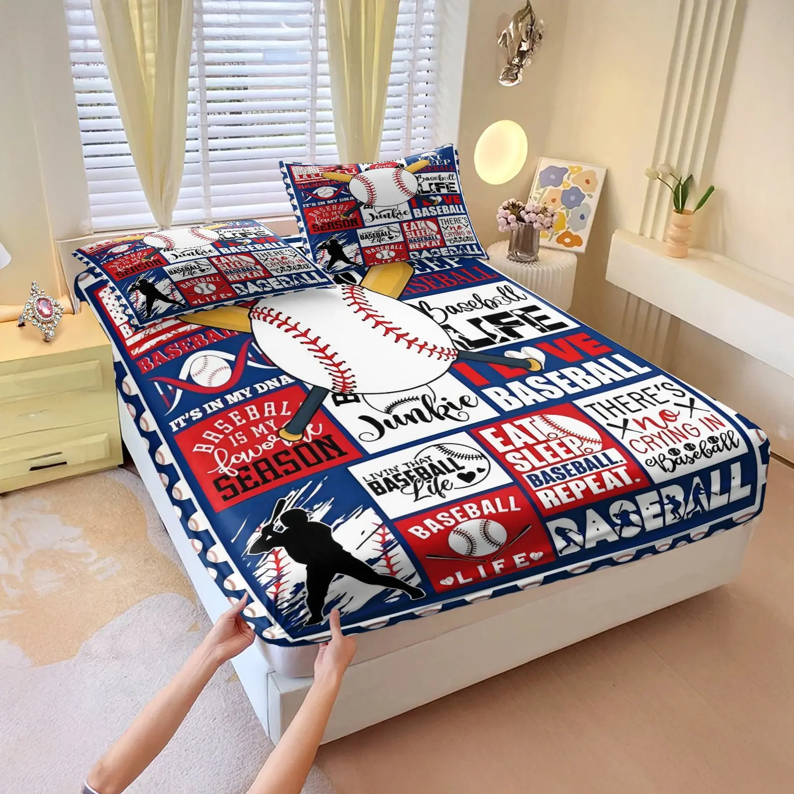 Baseball Quote Patchwork Pattern Fitted Sheet Set, 3Pcs Sport Theme Digital Print Bedding Set, Machine Washable, Baseball Lover Sport Themed Bed Linens for Boys Teen Bedroom Decor. 2 Pillowcase, No Filling