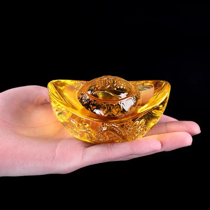 Chinese Style Ethnic Citrine Ingot Gold Crystal Glass Colored Glaze Feng Shui Wealth Ornaments, Home Decor Gifts for Festive & Party Gifting