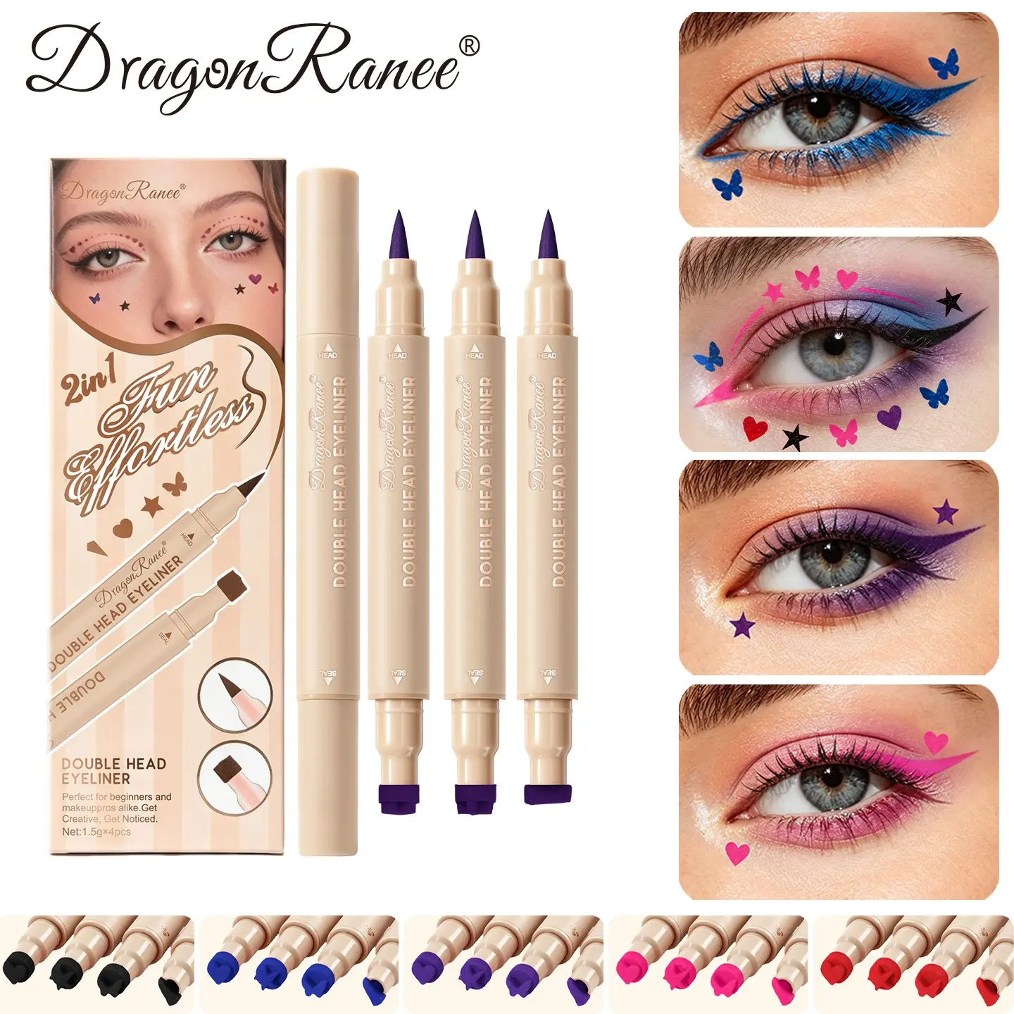 Waterproof Dual-Ended Eyeliner Pen, Heart Star Butterfly Design, Perfect Corner and Outer Eye Shape, 4-Piece Set, Multiple Colors Available, Eyeliner Kit, Eye Makeup Product