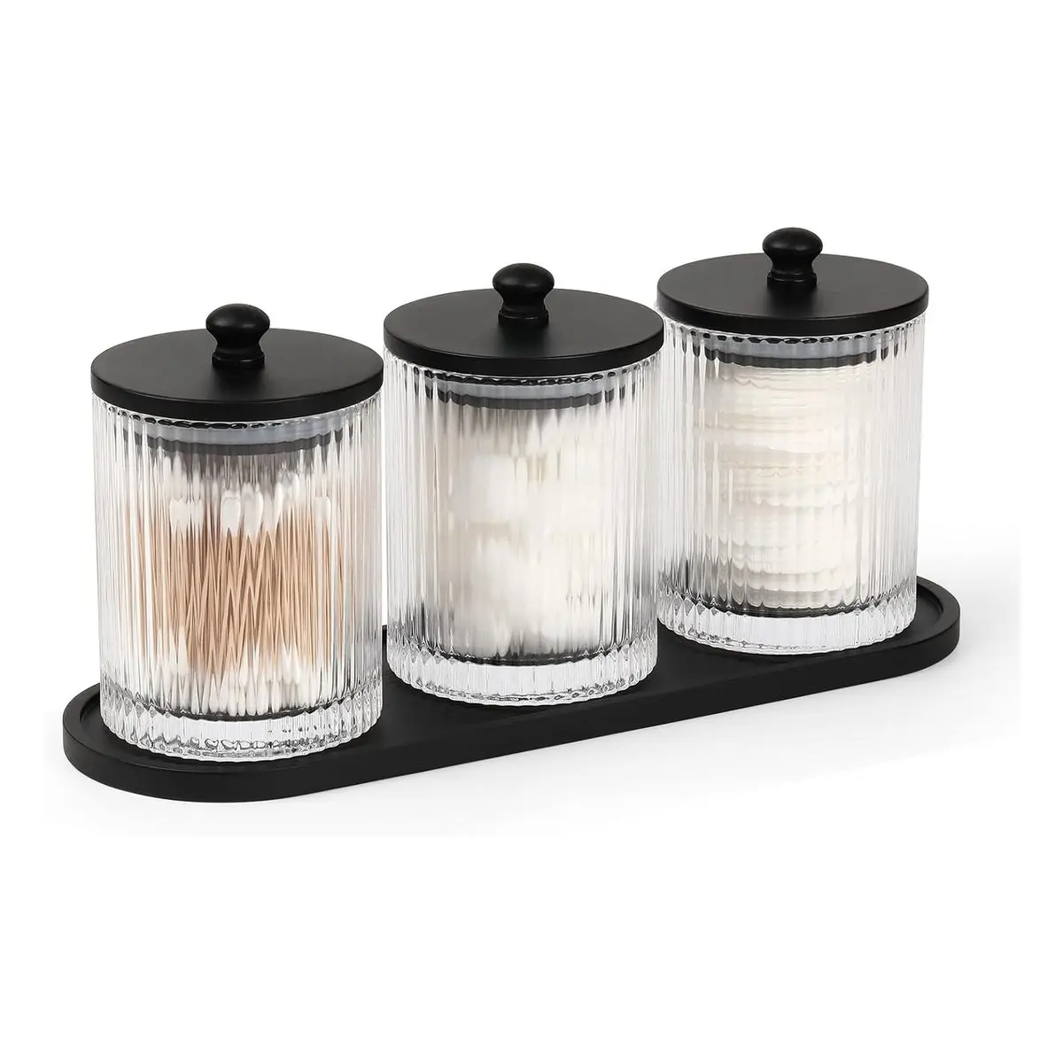 3-Pack Transparent Waterproof Glass Apothecary Jars with Smooth Covers, Bathroom Storage Set Including Qtip Holder, Cotton Round Container and Tray, Ideal Gift for Bathroom Supplies