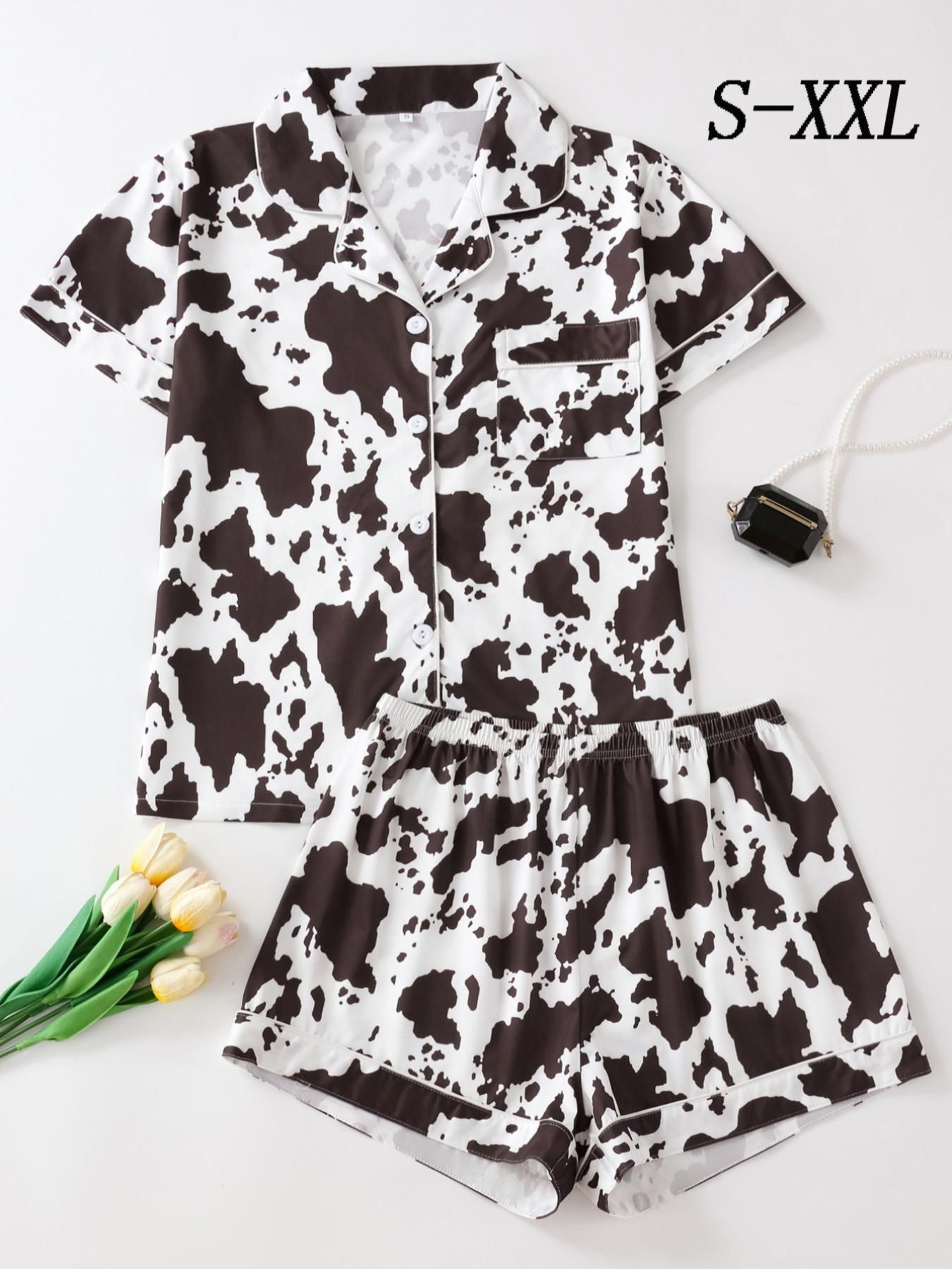Women's Cow Print Notched Neck Crop Shirt & Shorts Pajama Two-piece Set, Elegant Comfy Short Sleeve Top & Shorts PJ Set, Ladies Sleepwear for All Seasons, Casual Sleepwear Set