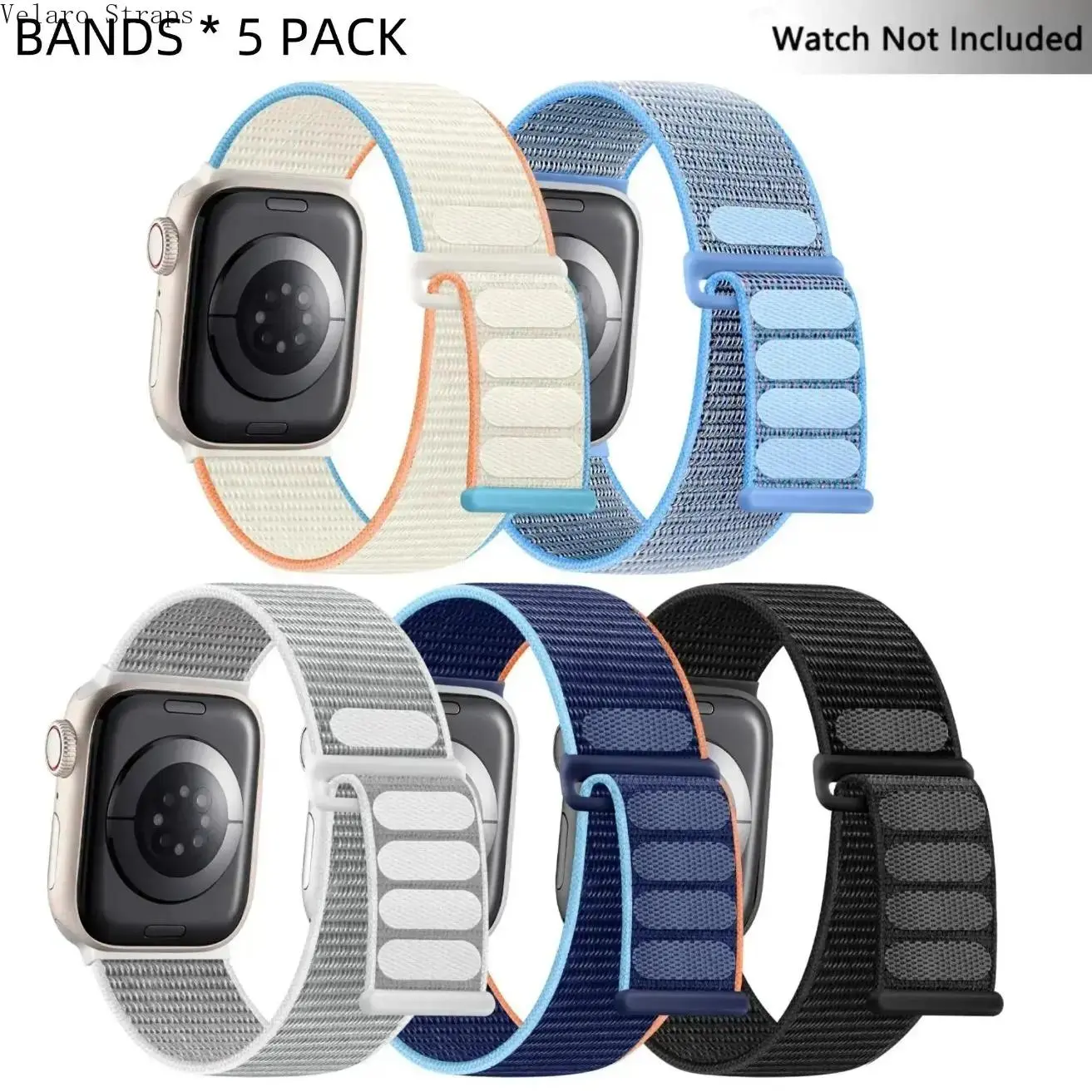 5-Pack Nylon Velcro Sport Loop Apple Watch Bands, Lightweight Replacement Straps Compatible with Series 9/8/7–1/SE/Ultra 2