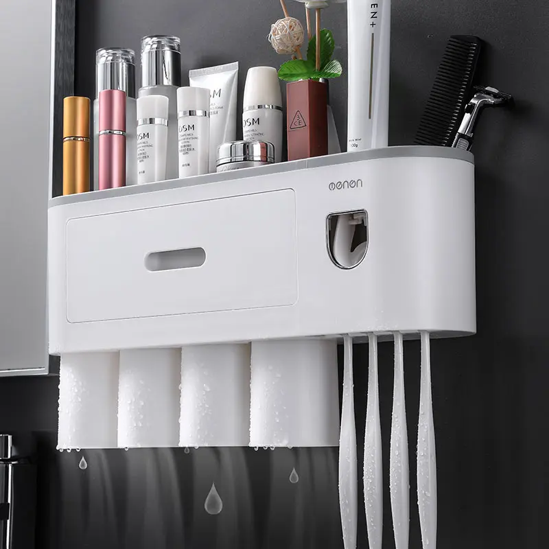 Wall-Mounted Toothbrush Holder with Toothpaste Dispenser, 1/3/4 Magnetic Cups, Toothbrush Storage – Must-Have Bathroom Home Goods Organizer