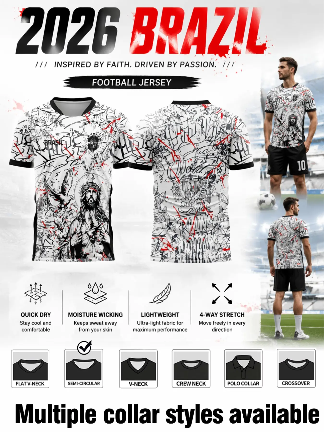 Brazil Soccer Jersey, Creative Christ Graffiti Print, Quick-Dry Breathable Fabric, Slim-Fit, Multiple Neck Styles, All Seasons Casual Wear