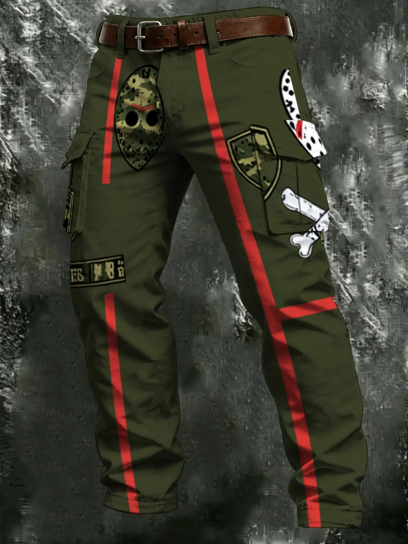 Military Vertical Stripe Badge Print Men's Work Pants, American Tactical Style, Multi-Pocket, Loose-Fit, Casual Long Trousers