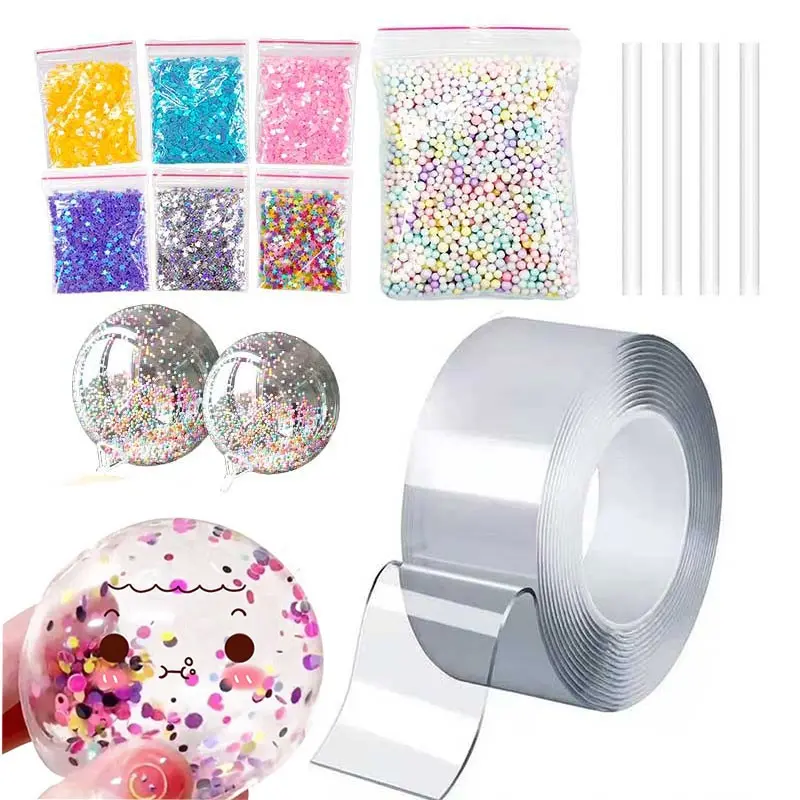 12PCS DIY Bubble Making Kit, Includes Nano Tape, Colorful Sequins, Foam Balls, Straws, Washable DIY Squishy Ball Maker for Arts and Craft DIY material kit
