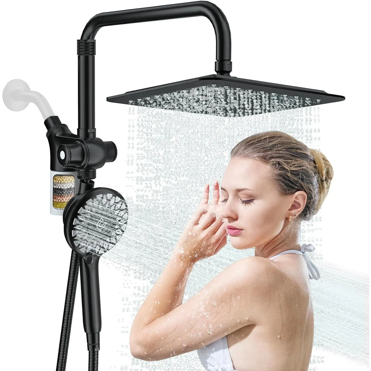10" Rainfall Shower with Spray Combo High Pressure, Magnetix Shower Head with for Hard, 2 in 1 Dual Shower Head with and Slide Bar (Black)