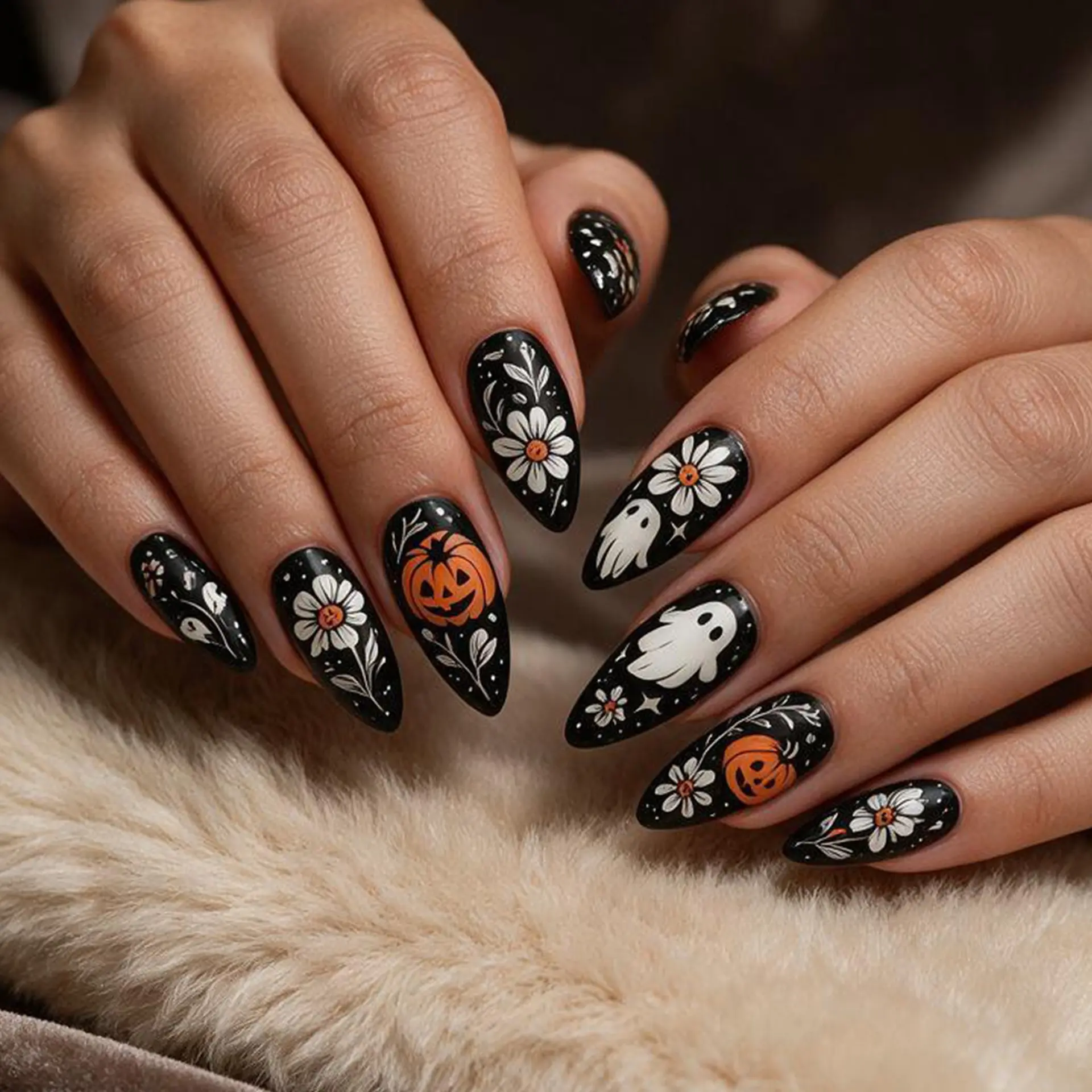 24pcs Halloween False Nails, Cute Ghost Pumpkin Bat Flower Nail Art, Glossy Full Coverage Removable, Perfect for Women Daily Use and Parties