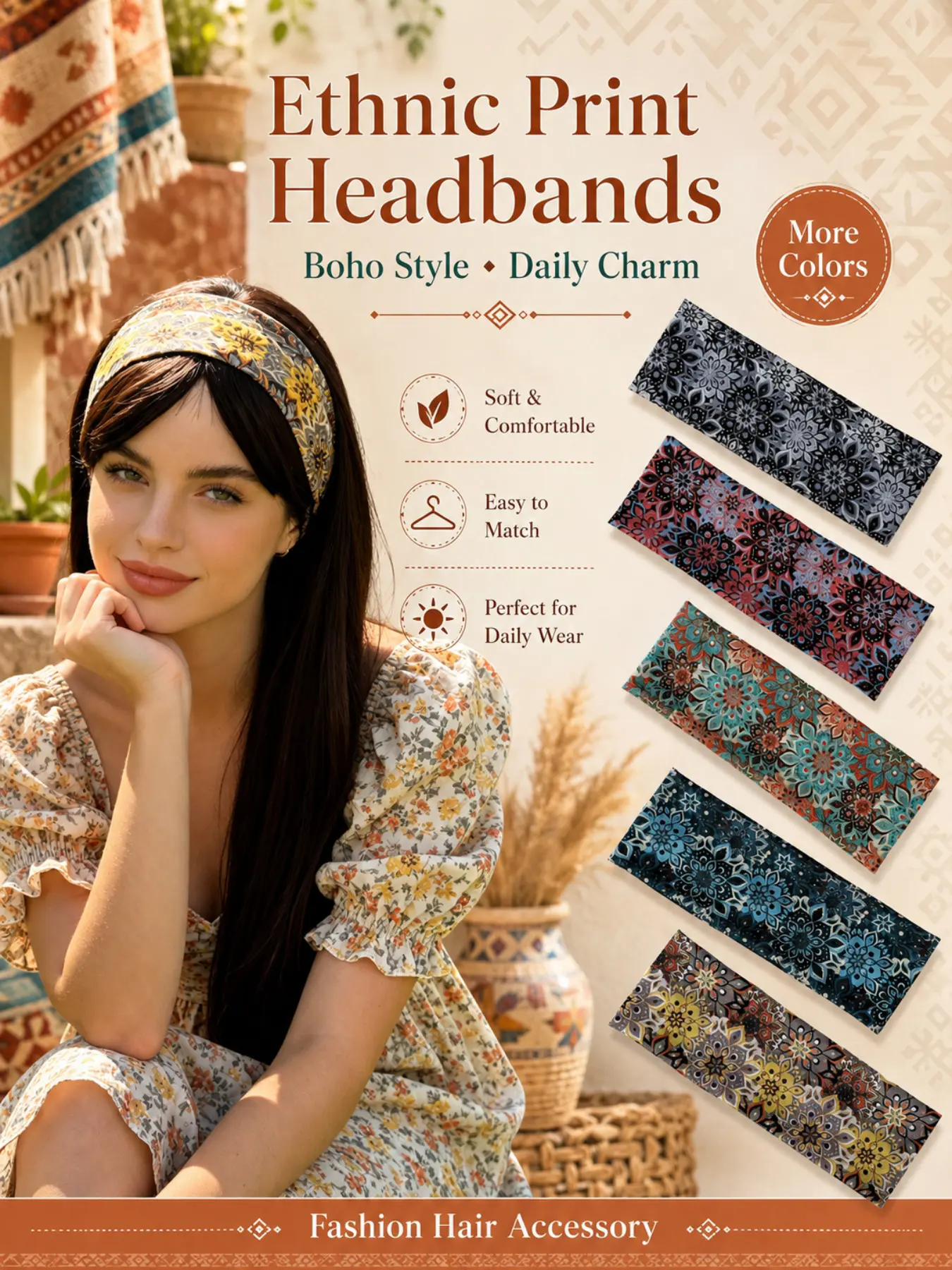 5PCS Mandala Floral Wide Headbands for Women, 5-Color Bohemian Ethnic Print Hair Wraps, Soft Stretch Elastic Fabric Headbands for Beach Vacations, Travel and Casual Wear