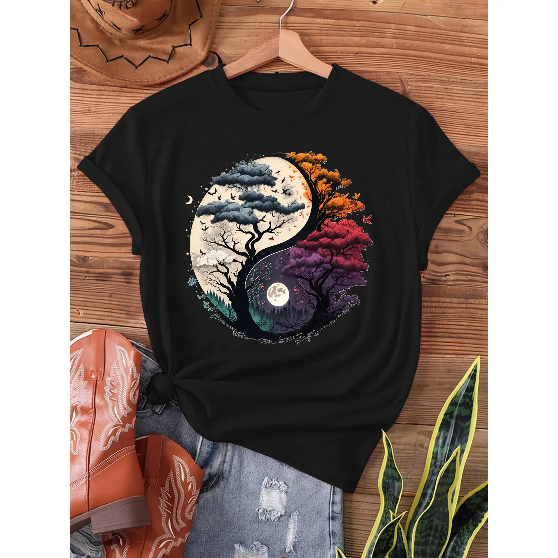 Women's Tree of Life Yin Yang Floral Print Short-Sleeve Round Neck Casual Sports Top - Breathable Fabric Lady's Spring Summer Outdoor Clothing, Shortsleeve, Tshirt
