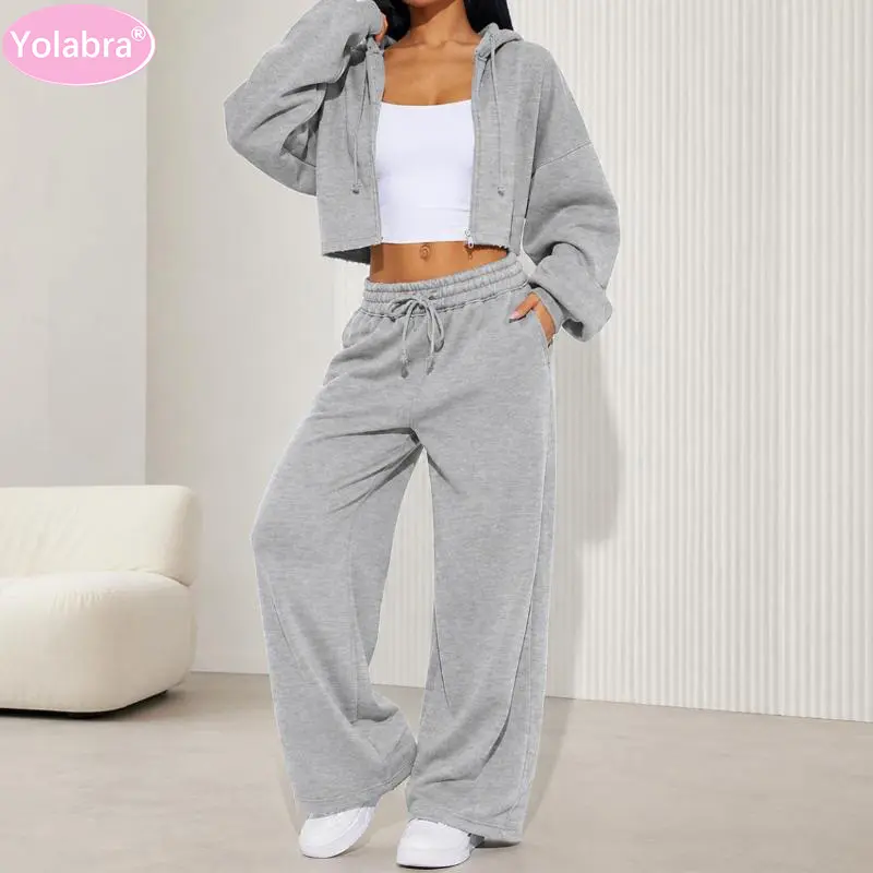 Yolabra Cropped Zip-Up Hoodie Wide Leg Sweatpants Set Oversized Bubble Sleeve Two-Piece Tracksuit Raw Hem Cropped Hooded Jogger Matching Set Drawstring High Waist Loose Sweat Pants Soft Fleece Casual Loungewear Outfit