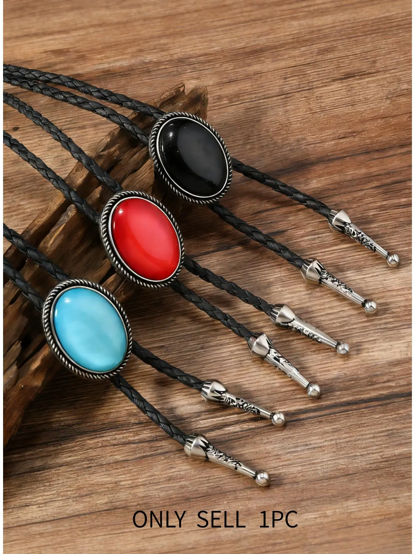 Oval Gemstone Bolo Tie Beach Boho Necklace, Vintage Western Boho Style Jewelry with Turquoise/Red/Black Oval Stone & Braided Leather Cord Detail, for Men & Women, Western-themed Events, Daily & Boho Fashion Occasions