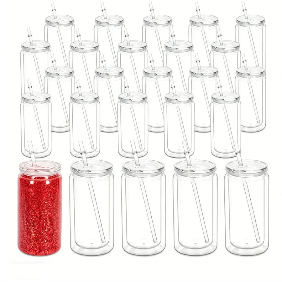 16 oz Acrylic Snow Globe Tumbler, 25/50pcs Pre-drilled Hole Double Wall Clear Plastic Can Snow Globe Cups for Snow Globe Glitter DIY Gift, 16oz Snow Globe Tumblers Cup Supplies with Lids and Straws
