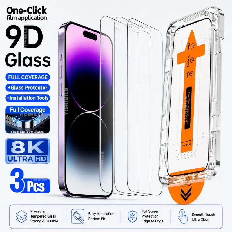Three-Pack 9D Full Screen HD Tempered Glass Film Protector for iPhone X-XS-XR-11-12-13-14-15-16-17 Pro/max, Auto Dust-Free, Bubble-Free, 9h Anti-Burst