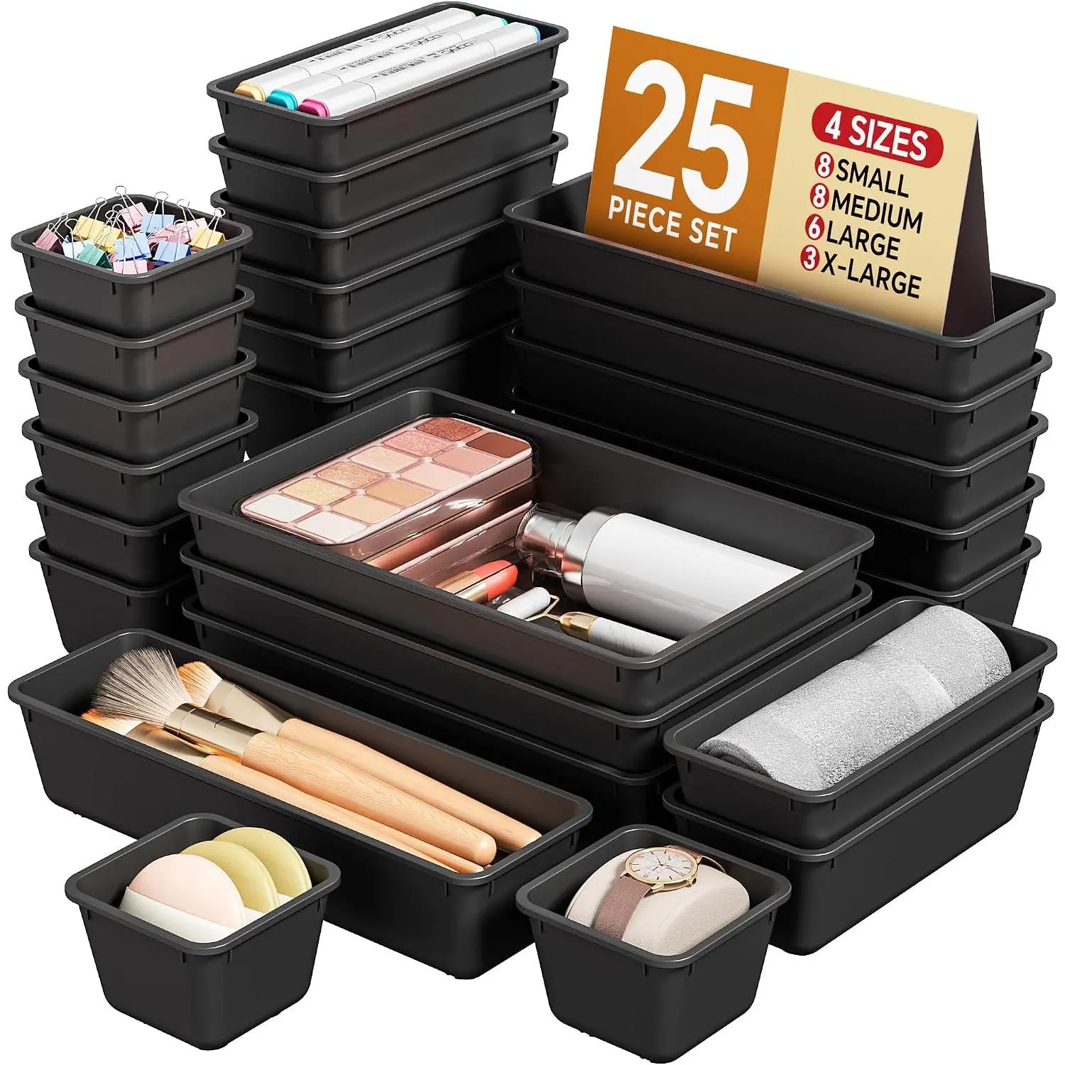 25 count Plastic Drawer Organizers Set, 4 Sizes  Organizer, Makeup and Desk Drawer Organizer Trays, Organization and Storage for Makeup, Bathroom, Kitchen Utensils and Office (Black)