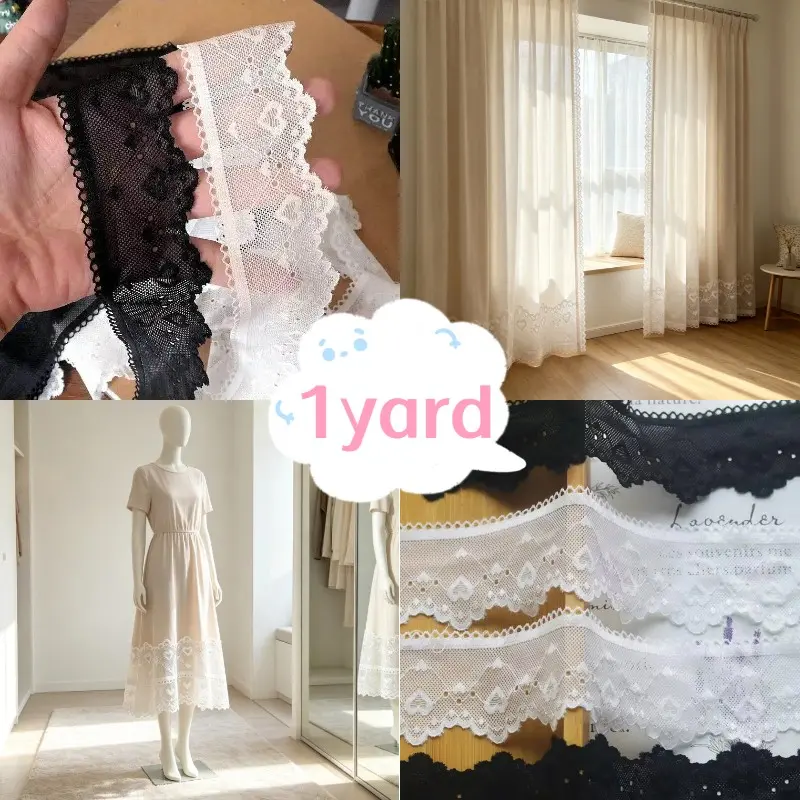 1 Yard 5cm Wide Heart Shaped Elastic Lace Trim, Lace Detailing, Cut Out Lace, DIY Skirt Hem Curtain Fabric Gloves Socks Decorative Material, Craft Supplies