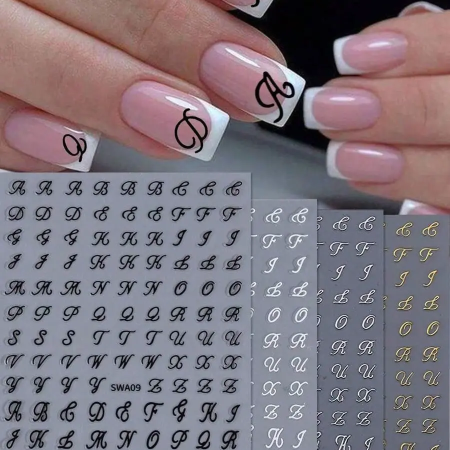 4 Sheets Alphabet Nail Stickers Gold Silver Black White Letter Decals 3D Self-Adhesive Nail Art Charms for Gel Polish Acrylic Natural Nails Manicure DIY Nail Art Supplies