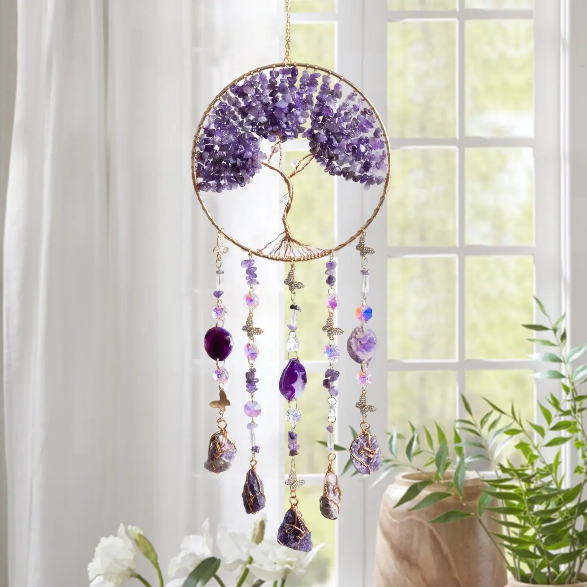 Handmade Bohemian Tree of Life Dream Catcher and Sun Catcher, Crystal and Gemstone Wind Chimes, Irregular Tree Shape Ideal Gift for Home Decor, Home Hanging Decoration, Christmas Day, Birthday