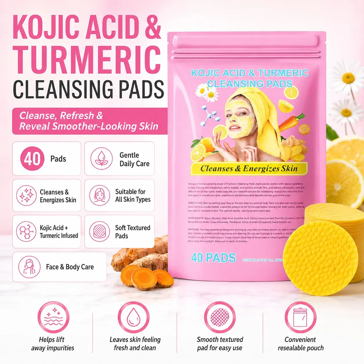 Kojic Acid & Turmeric Cleansing Pads, Gentle Daily Exfoliating Face Wash, Ideal for All Skin Types, Deep Cleanse & Brighten Complexion